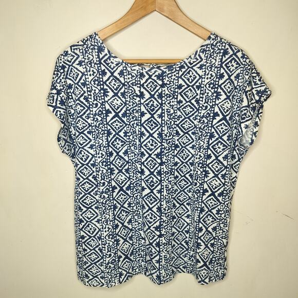 Chaps T-Shirt Blue Print Cotton Short Sleeve Tie Back - Picture 1 of 8